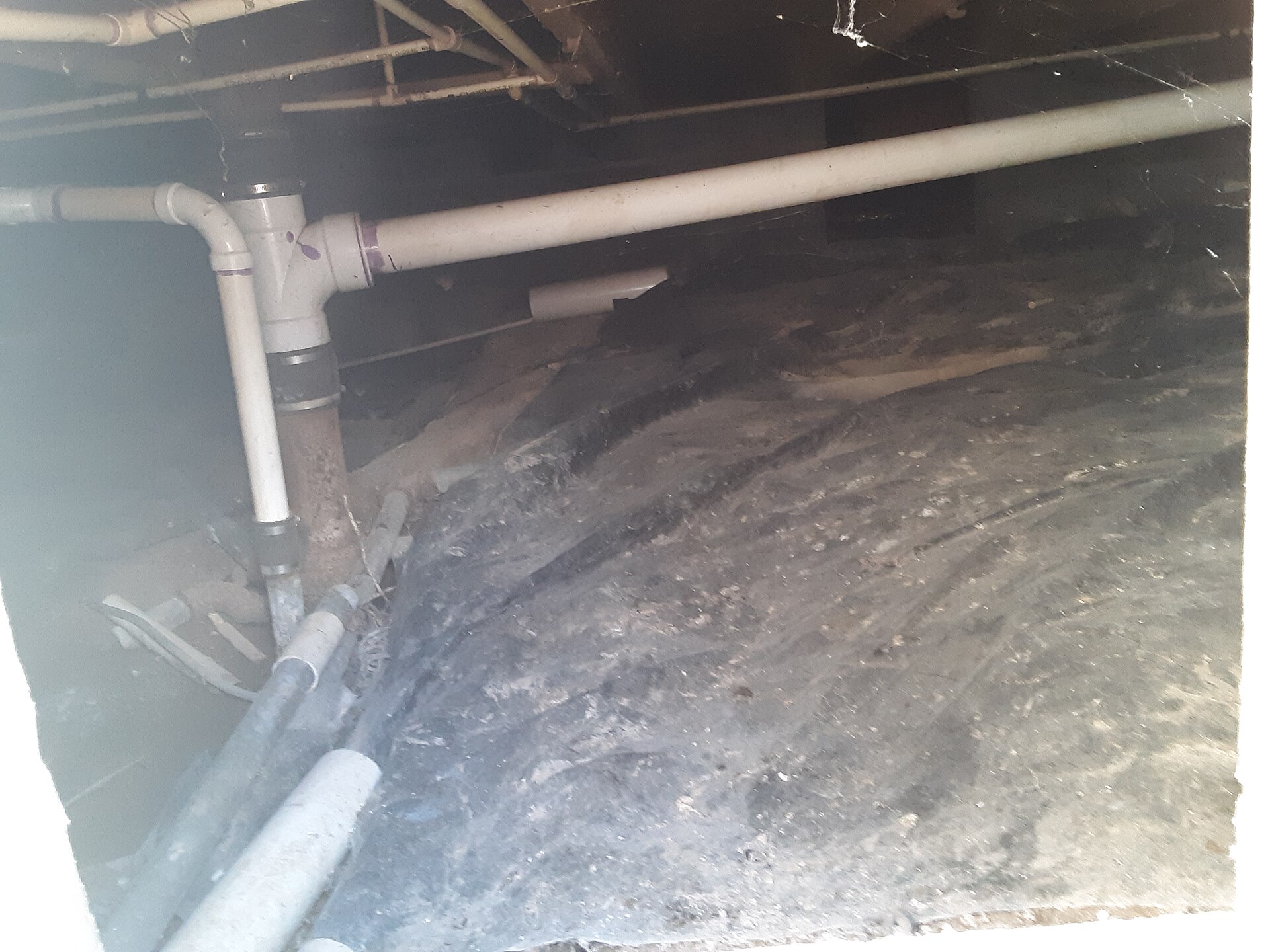 A dirt-floor crawl space under a house with pipes and fallen insulation